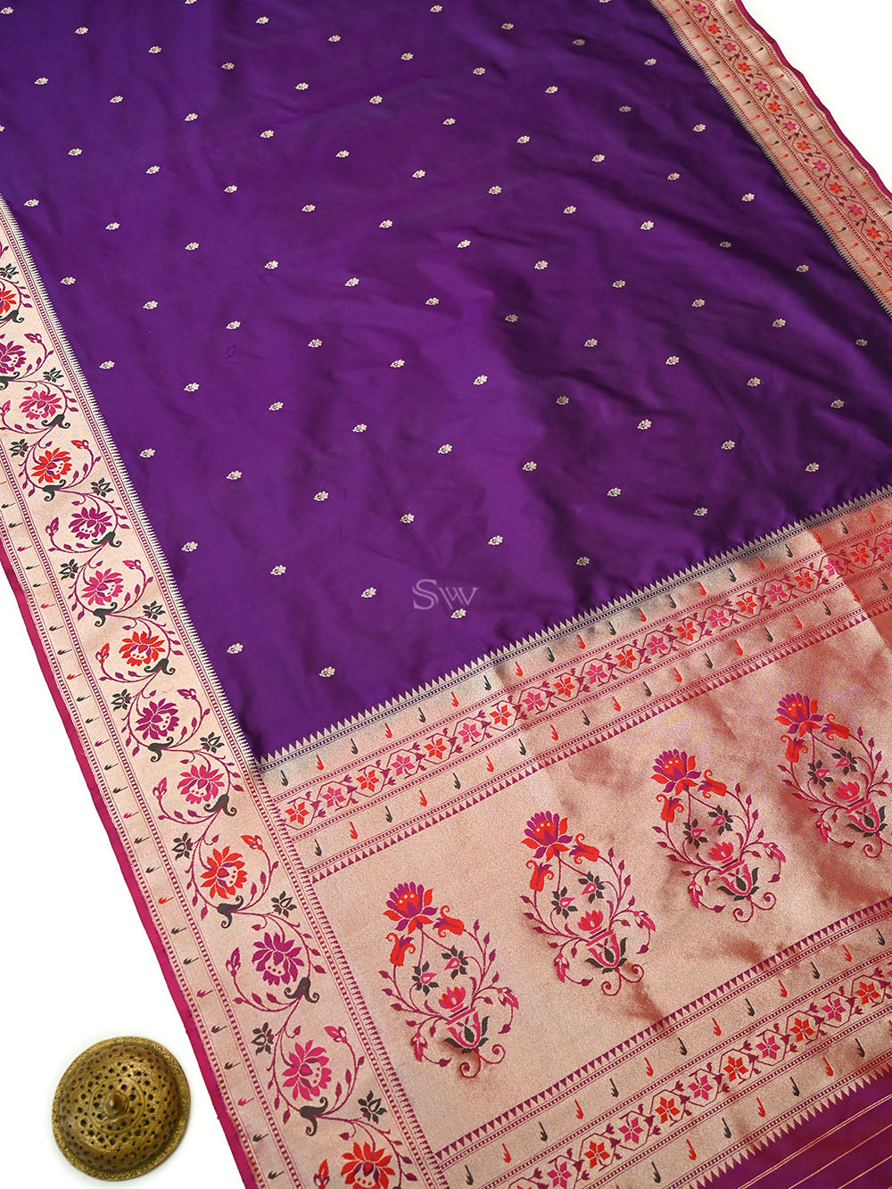 Purple Booti Paithani Katan Silk Handloom Banarasi Saree - Sacred Weaves