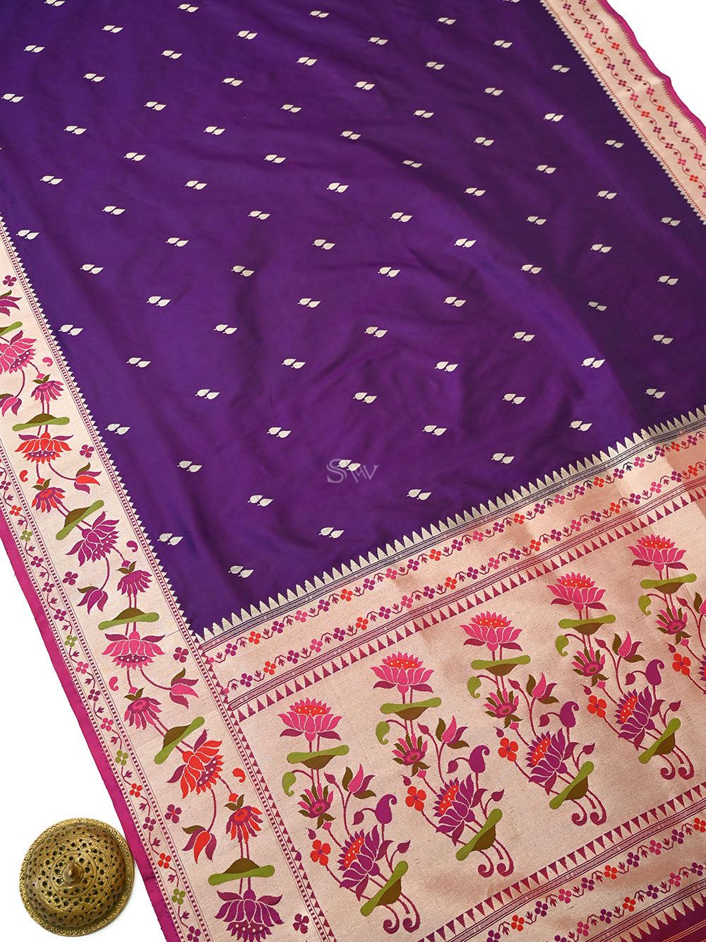 Purple Booti Paithani Katan Silk Handloom Banarasi Saree  - Sacred Weaves