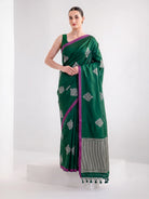 Bottle Green Booti Sona Roopa Satin Silk Handloom Banarasi Saree - Sacred Weaves