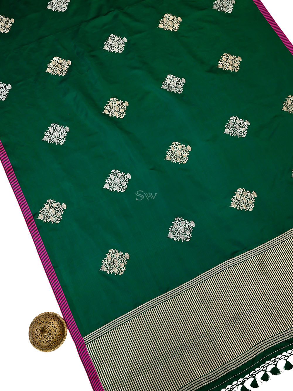Bottle Green Booti Sona Roopa Satin Silk Handloom Banarasi Saree - Sacred Weaves