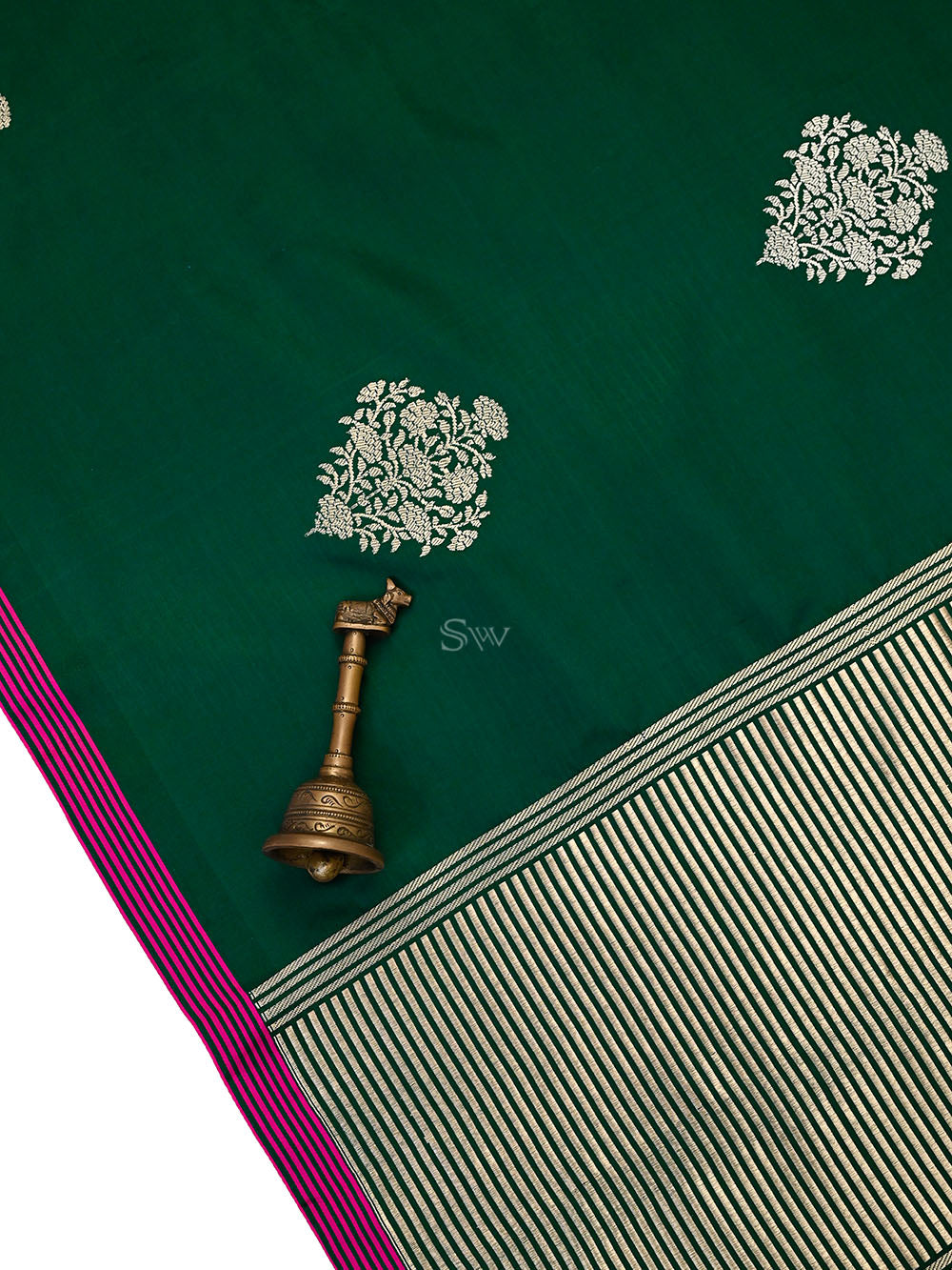 Bottle Green Booti Sona Roopa Satin Silk Handloom Banarasi Saree - Sacred Weaves