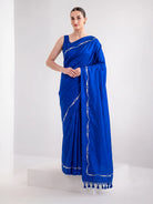 Blue Plain Satin Silk Handloom Banarasi Saree - Sacred Weaves