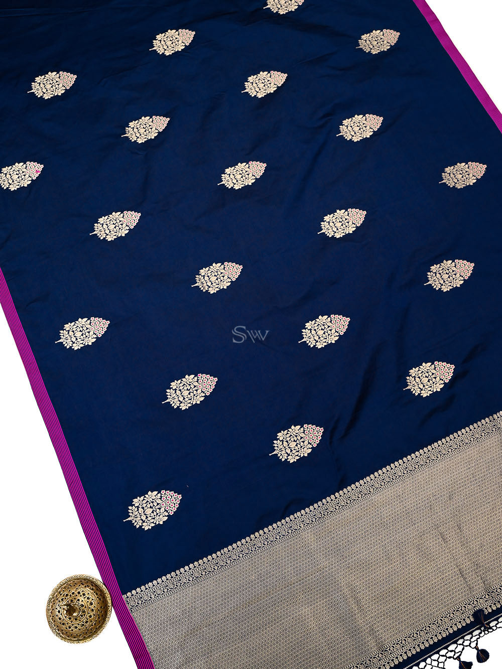 Navy Blue Meenakari Satin Silk Handloom Banarasi Saree - Sacred Weaves