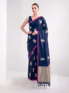 Navy Blue Meenakari Satin Silk Handloom Banarasi Saree - Sacred Weaves