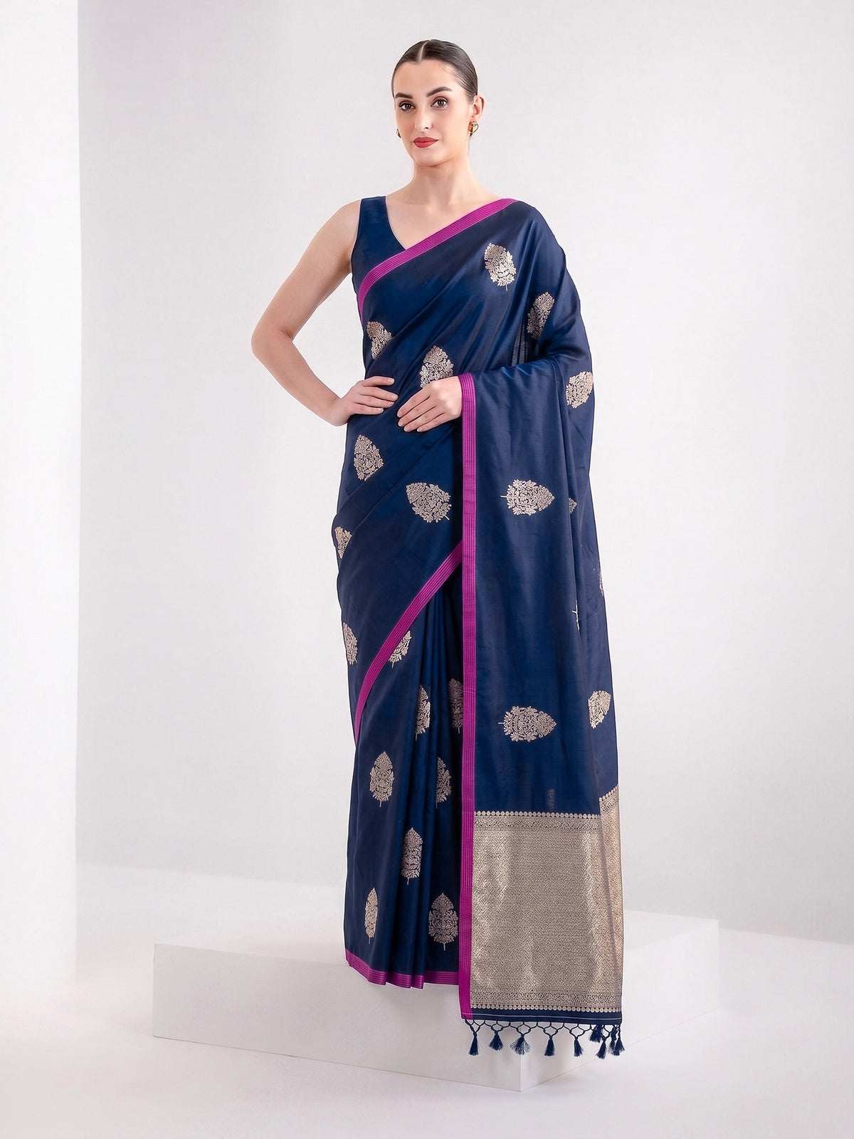 Navy Blue Meenakari Satin Silk Handloom Banarasi Saree - Sacred Weaves