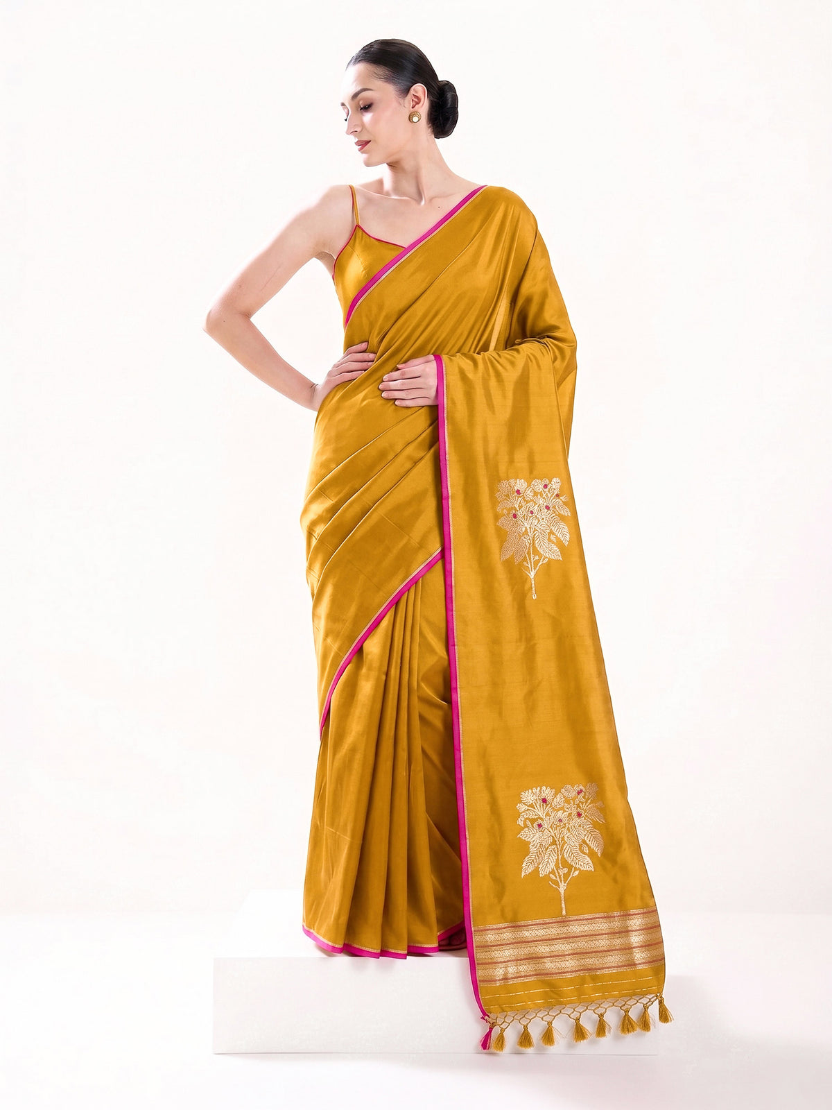 Mustard Plain Meenakari Satin Silk Handloom Banarasi Saree - Sacred Weaves