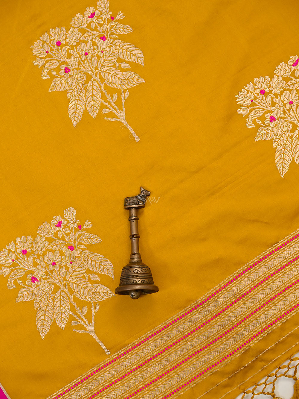 Mustard Plain Meenakari Satin Silk Handloom Banarasi Saree - Sacred Weaves