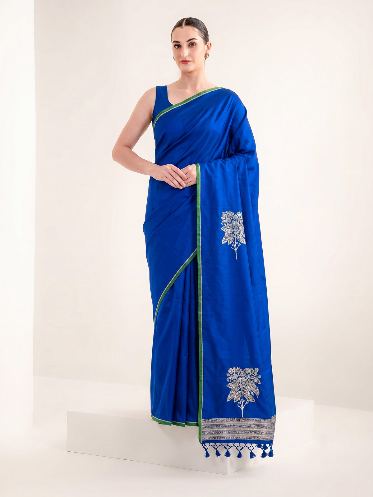 Blue Plain Meenakari Satin Silk Handloom Banarasi Saree - Sacred Weaves