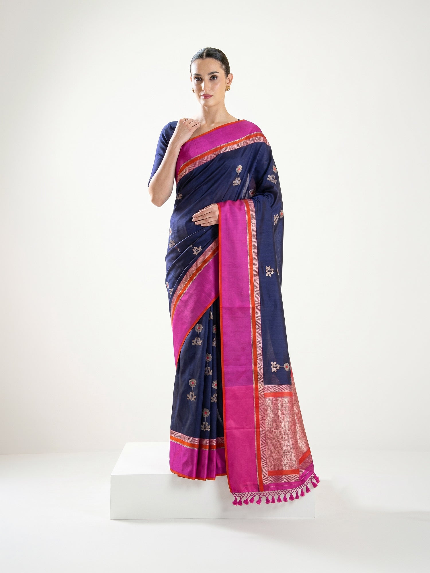 Blue Booti Tussar Silk Handloom Banarasi Saree - Sacred Weaves
