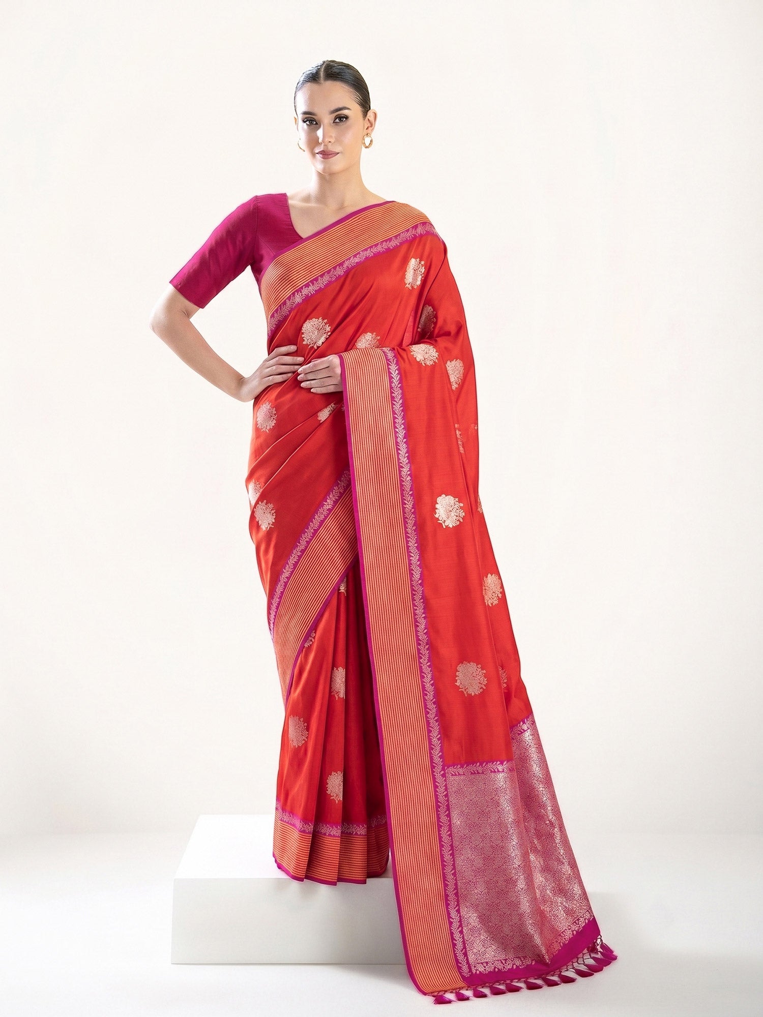 Red Booti Tussar Silk Handloom Banarasi Saree - Sacred Weaves