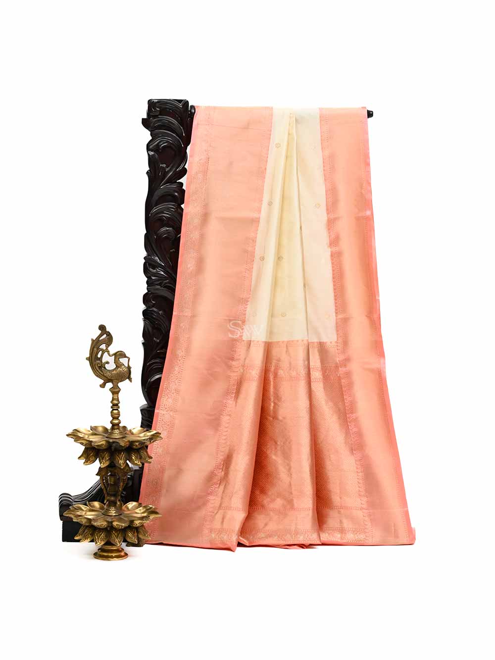 Cream Booti Katan Silk Handloom Banarasi Saree - Sacred Weaves