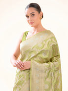 Pista Green Zari Jaal Uppada Katan Silk Handloom Banarasi Saree - Sacred Weaves