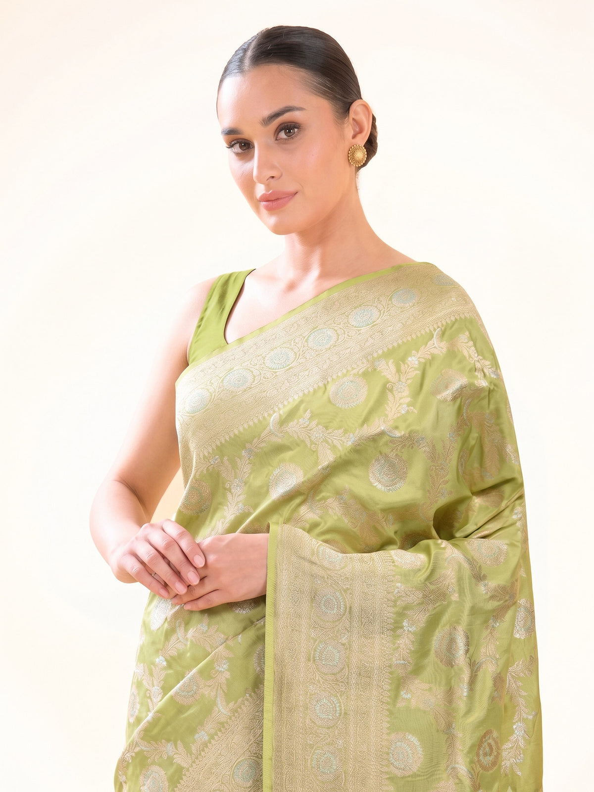 Pista Green Zari Jaal Uppada Katan Silk Handloom Banarasi Saree - Sacred Weaves