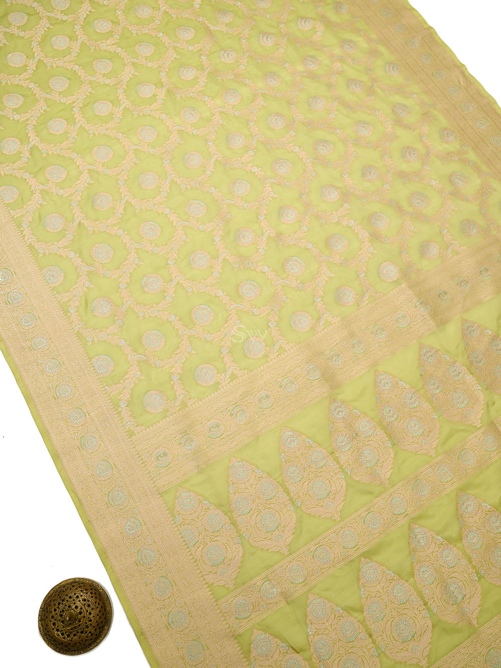 Pista Green Zari Jaal Uppada Katan Silk Handloom Banarasi Saree - Sacred Weaves