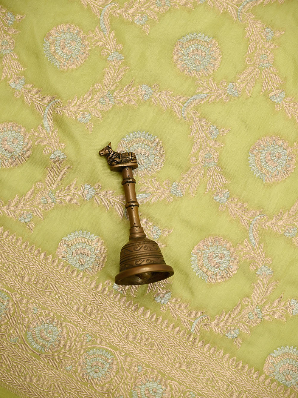 Pista Green Zari Jaal Uppada Katan Silk Handloom Banarasi Saree - Sacred Weaves