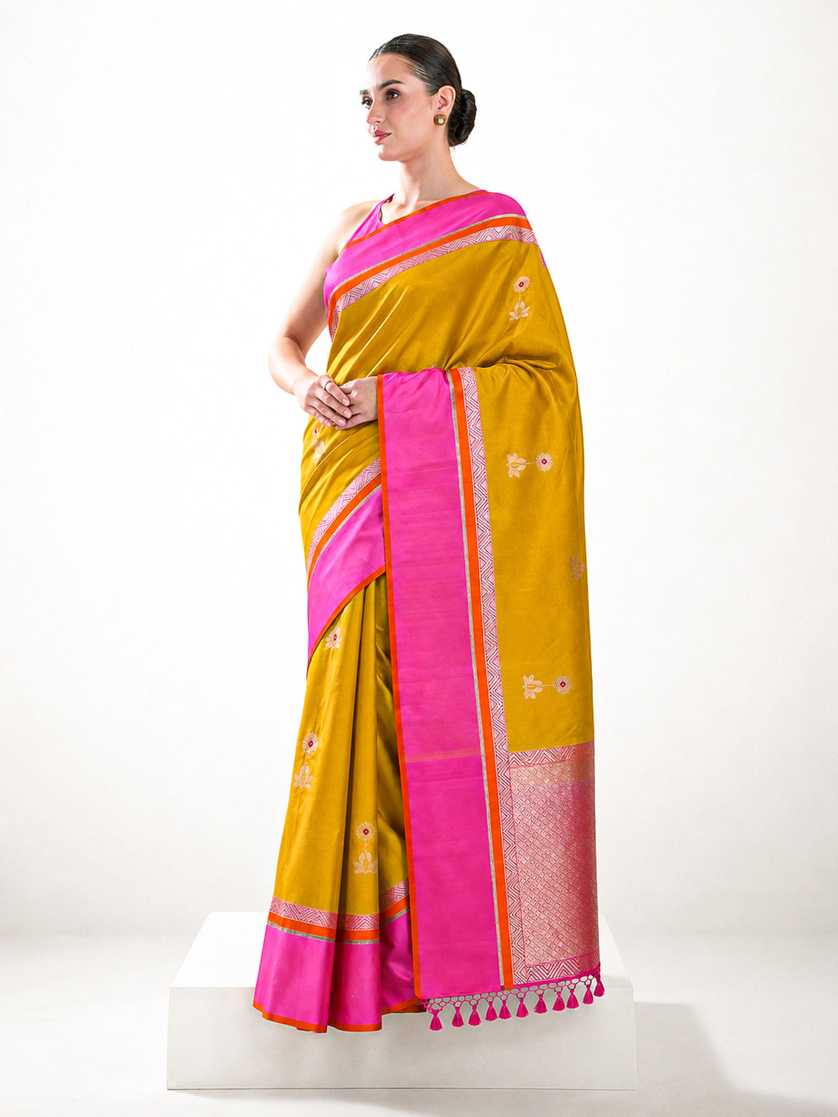 Yellow Booti Tussar Silk Handloom Banarasi Saree - Sacred Weaves