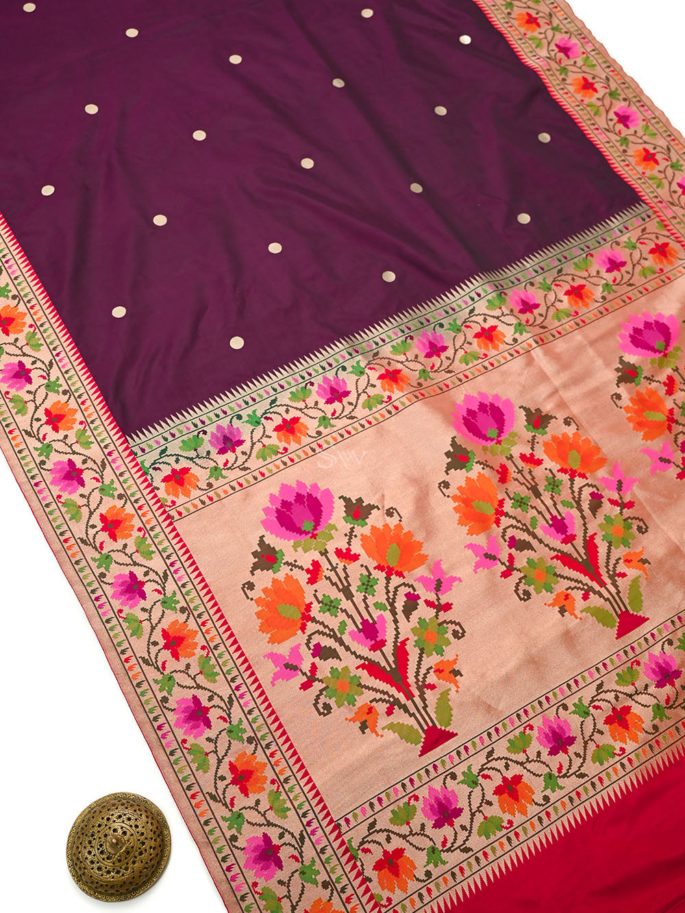 Wine Booti Paithani Katan Silk Handloom Banarasi Saree - Sacred Weaves