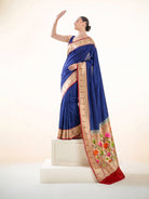 Blue Plain Paithani Katan Silk Handloom Banarasi Saree - Sacred Weaves