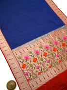 Blue Plain Paithani Katan Silk Handloom Banarasi Saree - Sacred Weaves