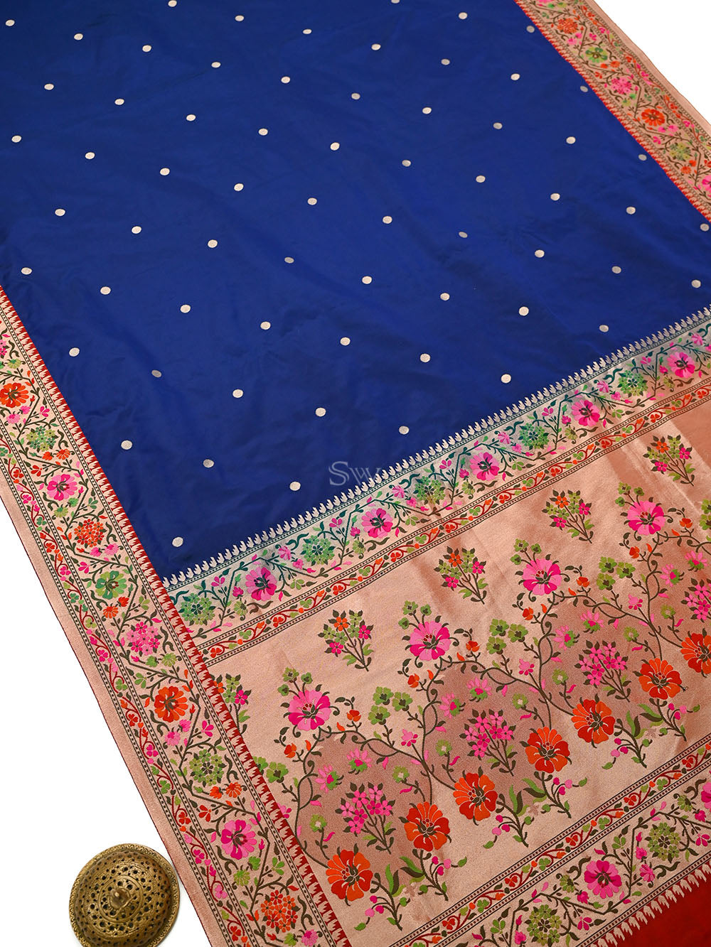Blue Booti Paithani Katan Silk Handloom Banarasi Saree - Sacred Weaves
