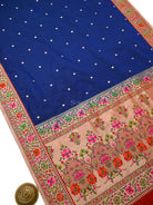 Blue Booti Paithani Katan Silk Handloom Banarasi Saree - Sacred Weaves