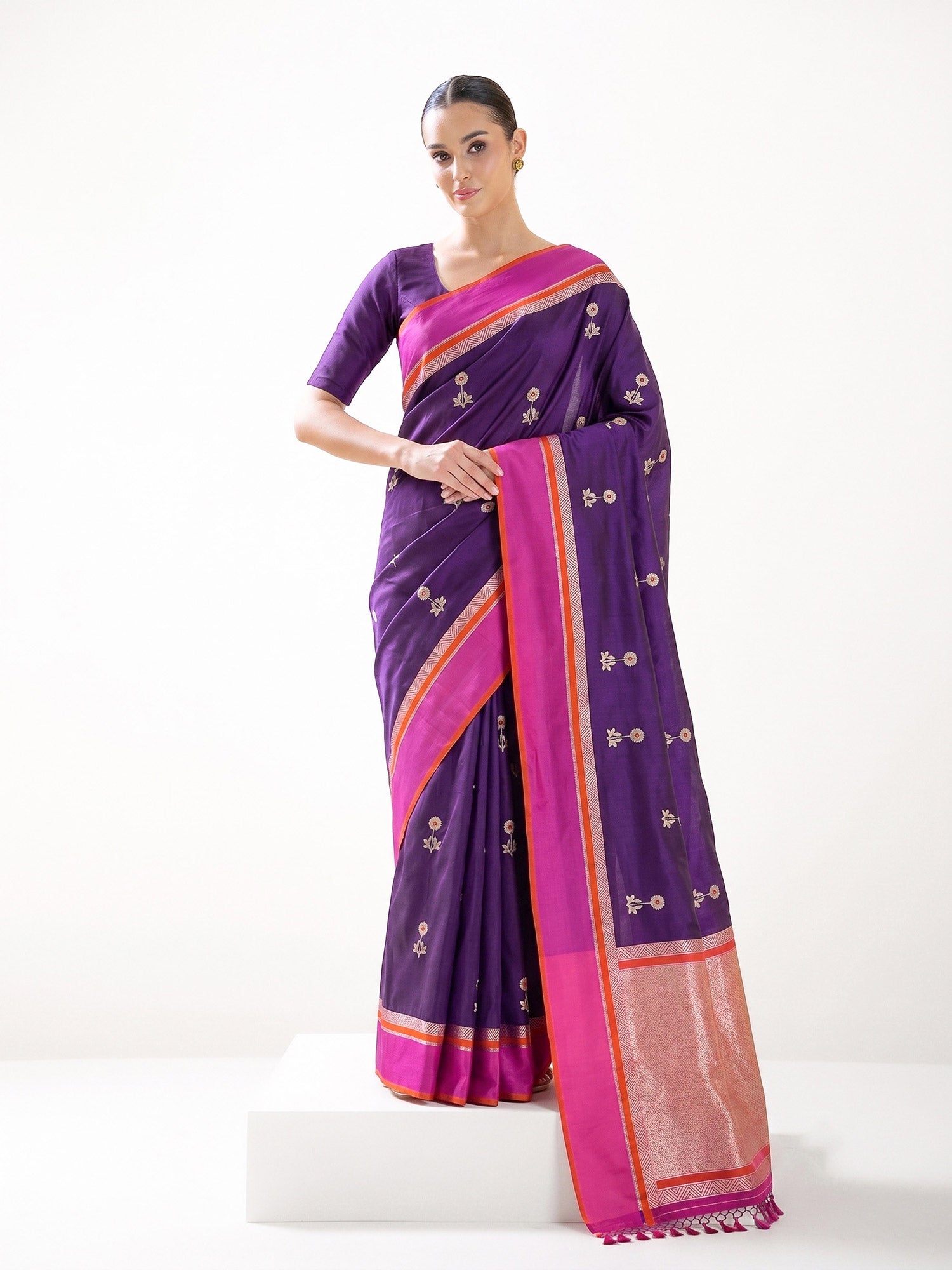 Purple Booti Tussar Silk Handloom Banarasi Saree - Sacred Weaves