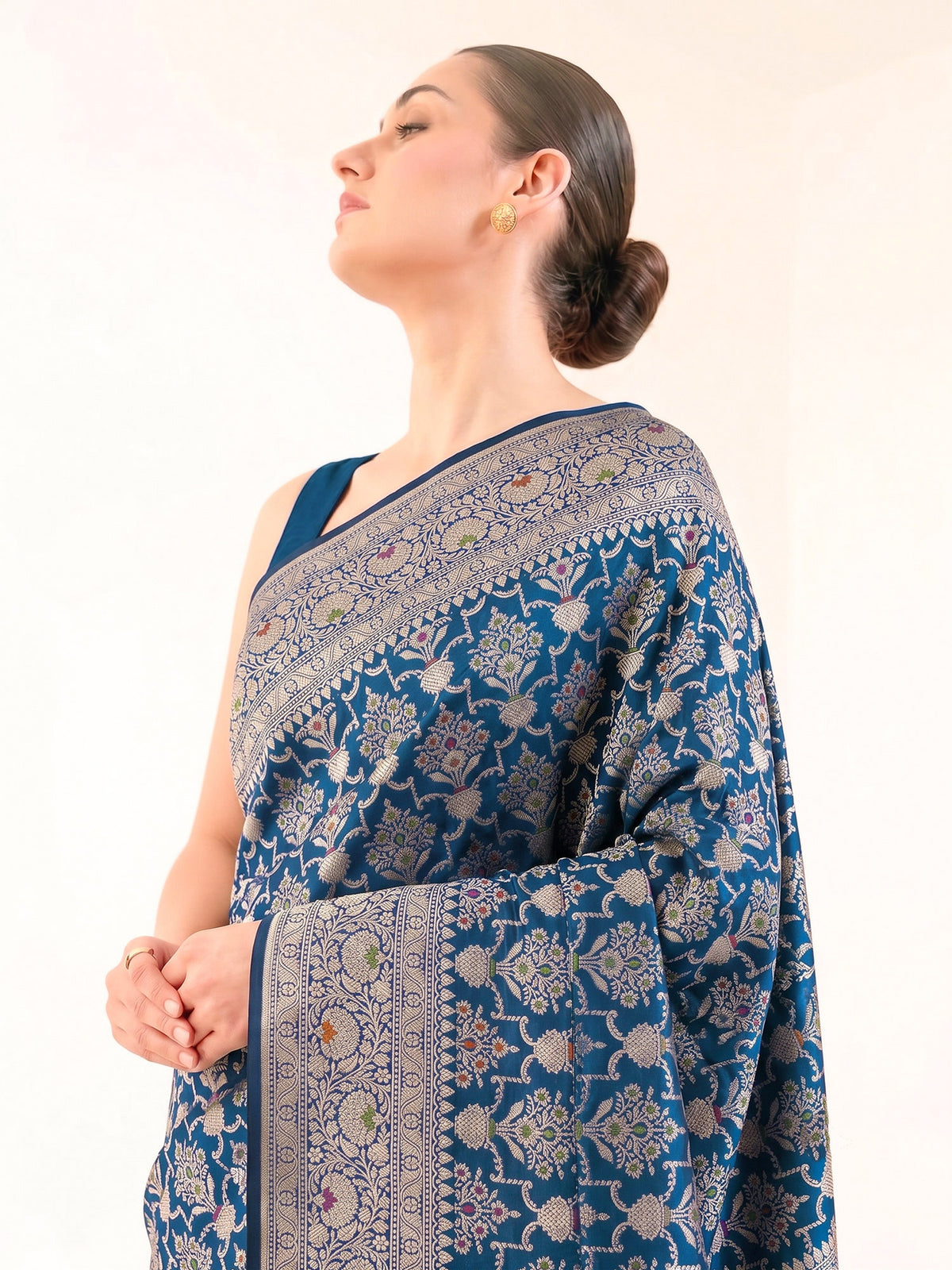 Midnight Blue Meenakari Uppada Jaal Katan Silk Handloom Banarasi Saree - Sacred Weaves