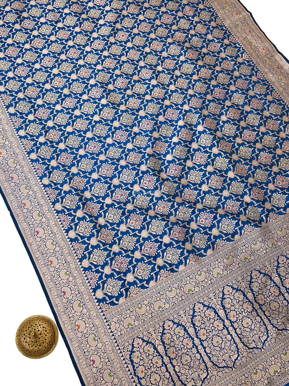 Midnight Blue Meenakari Uppada Jaal Katan Silk Handloom Banarasi Saree - Sacred Weaves