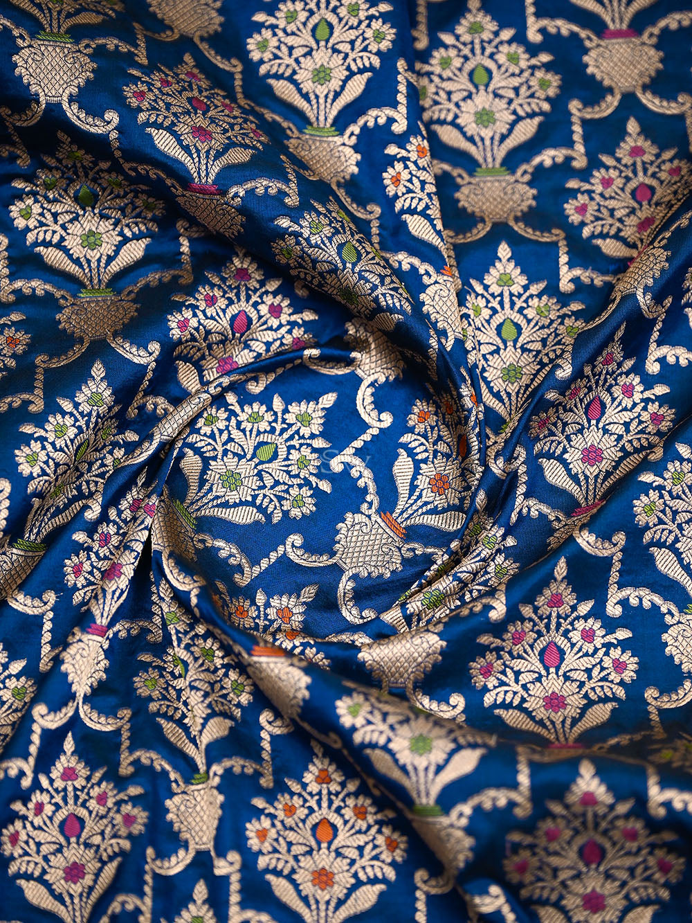 Midnight Blue Meenakari Uppada Jaal Katan Silk Handloom Banarasi Saree - Sacred Weaves