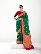 Bottle Green Red Booti Tussar Silk Handloom Banarasi Saree - Sacred Weaves