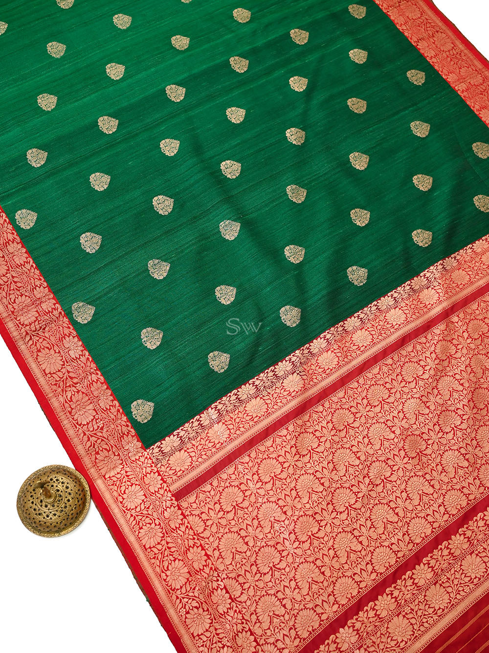 Bottle Green Red Booti Tussar Silk Handloom Banarasi Saree - Sacred Weaves