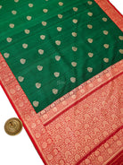 Bottle Green Red Booti Tussar Silk Handloom Banarasi Saree - Sacred Weaves
