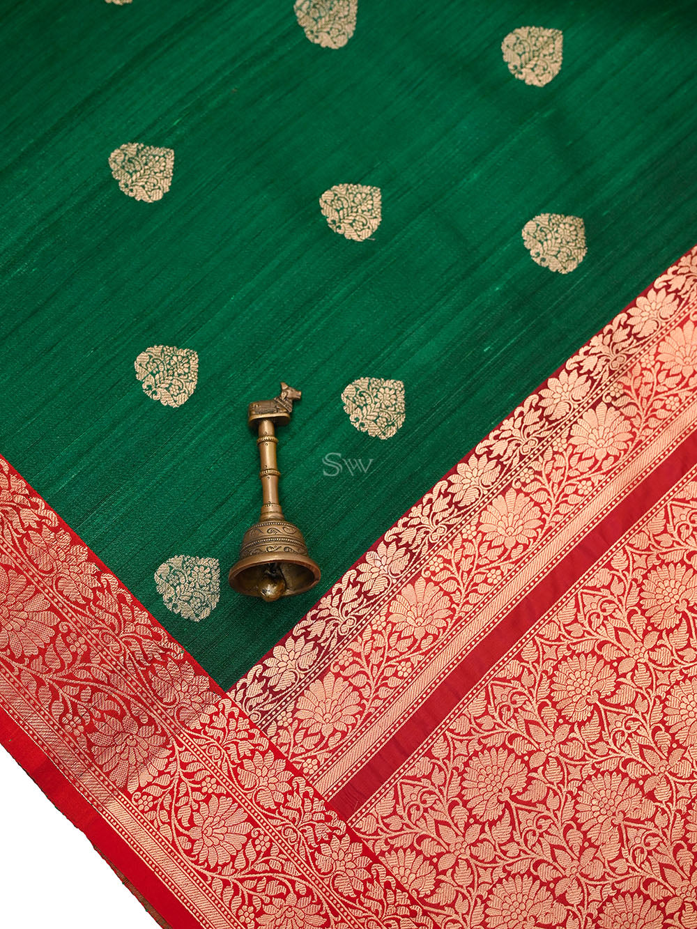 Bottle Green Red Booti Tussar Silk Handloom Banarasi Saree - Sacred Weaves