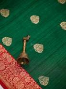Bottle Green Red Booti Tussar Silk Handloom Banarasi Saree - Sacred Weaves