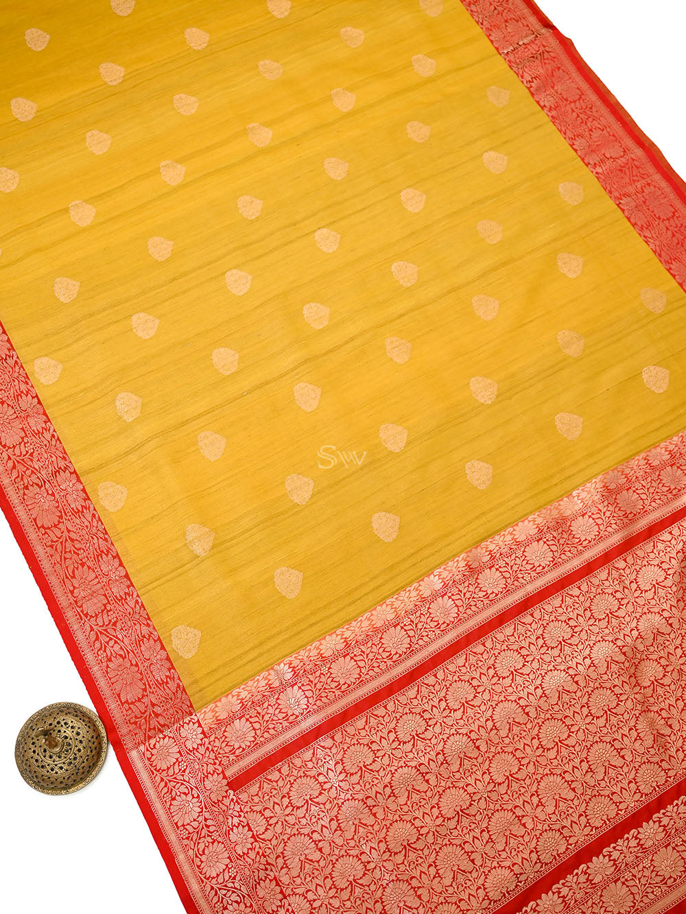 Mustard Red Booti Tussar Silk Handloom Banarasi Saree - Sacred Weaves