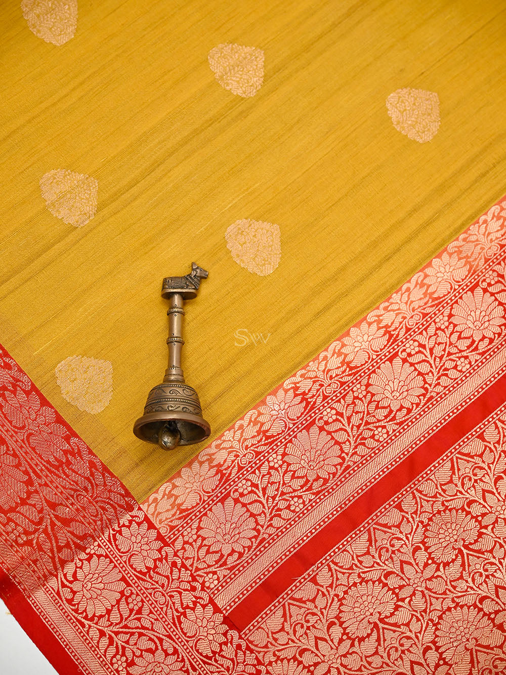Mustard Red Booti Tussar Silk Handloom Banarasi Saree - Sacred Weaves