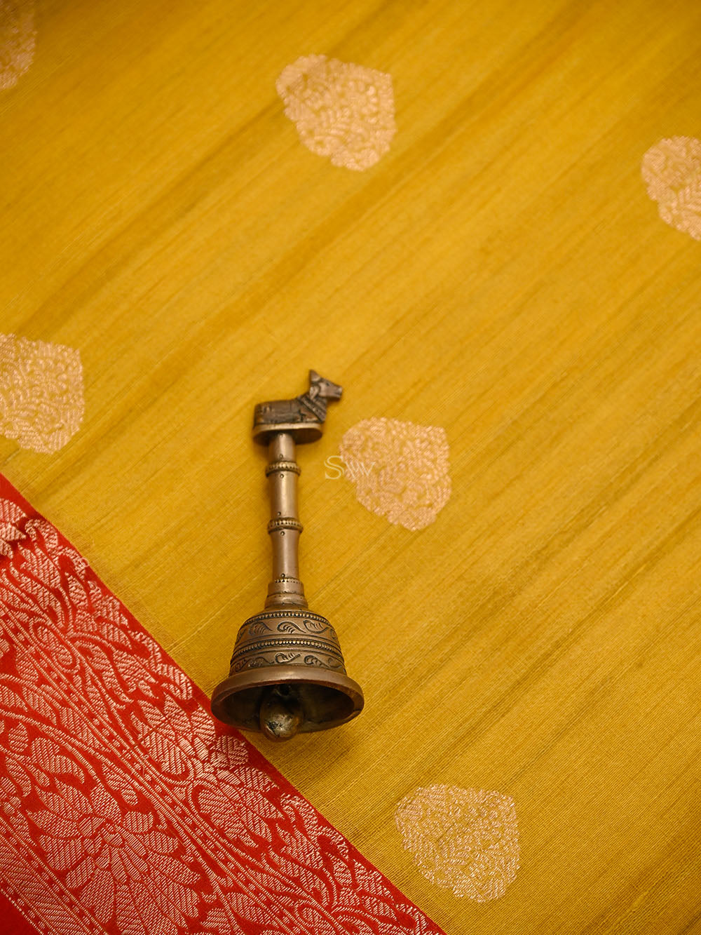 Mustard Red Booti Tussar Silk Handloom Banarasi Saree - Sacred Weaves
