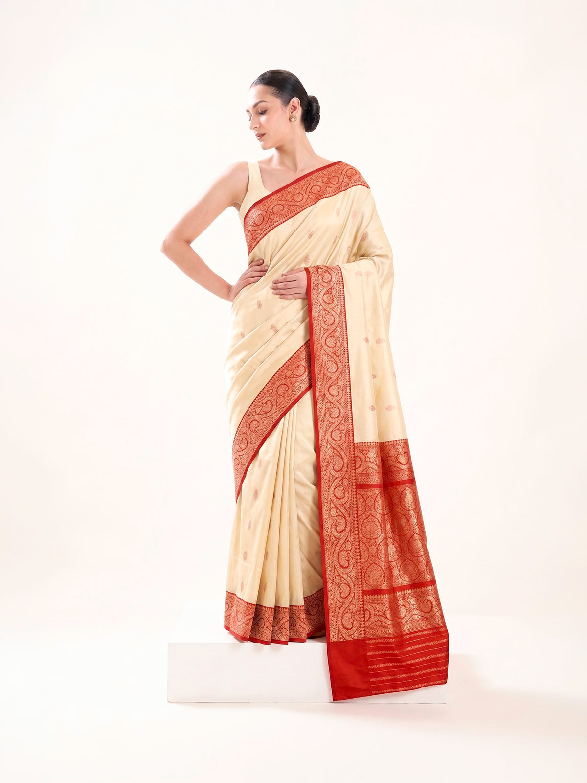 Beige Floral Boota Katan Silk Handloom Banarasi Saree - Sacred Weaves