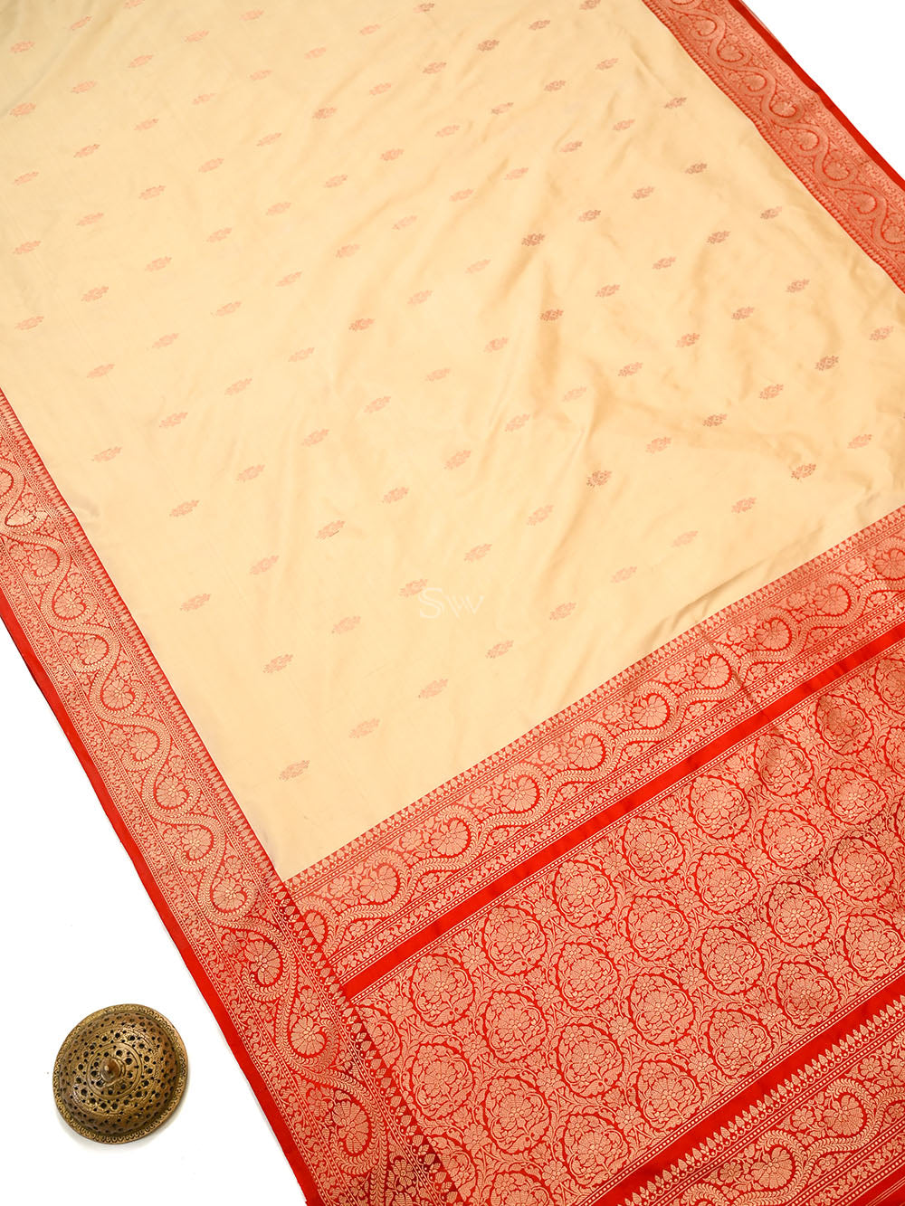Beige Floral Boota Katan Silk Handloom Banarasi Saree - Sacred Weaves
