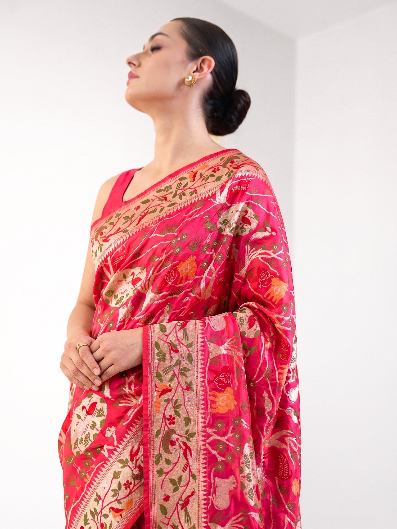 Dark Pink Shikargah Meenakari Katan Silk Handloom Banarasi Saree - Sacred Weaves