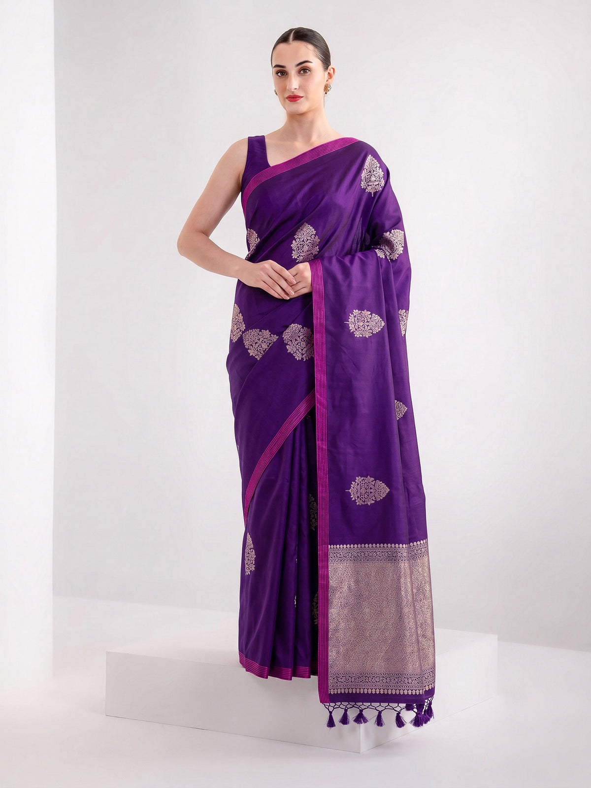 Dark Purple Meenakari Satin Silk Handloom Banarasi Saree - Sacred Weaves