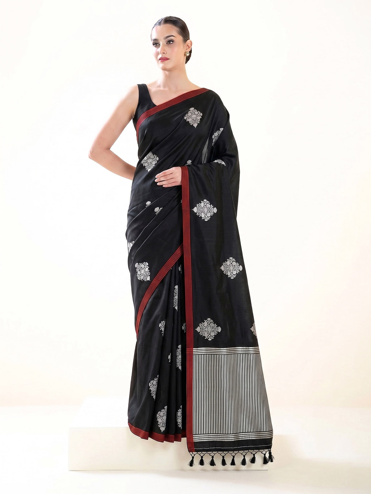 Black Booti Satin Silk Handloom Banarasi Saree - Sacred Weaves