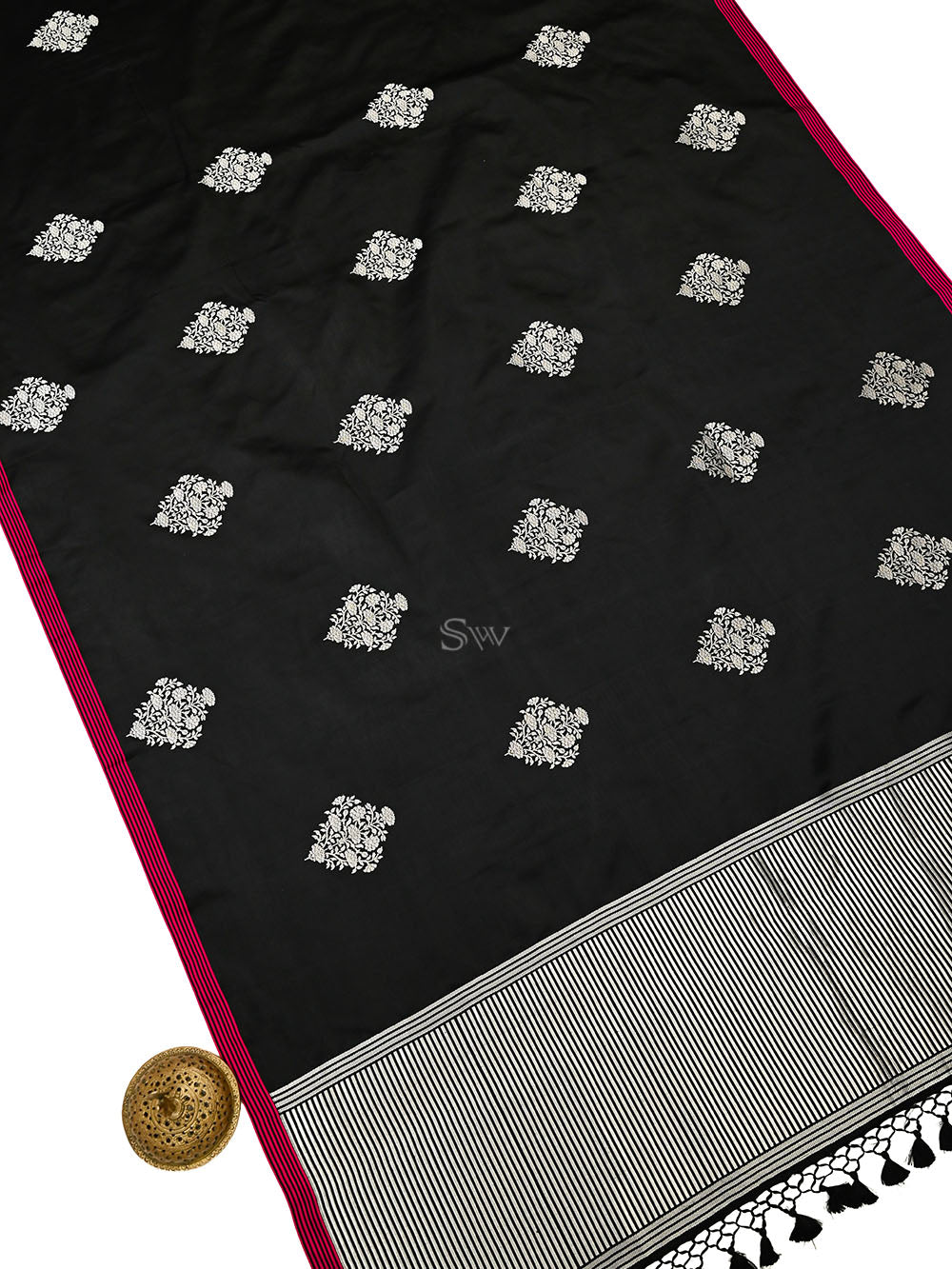 Black Booti Satin Silk Handloom Banarasi Saree - Sacred Weaves
