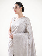 Light Grey Floral Tanchoi Silk Handloom Banarasi Saree - Sacred Weaves
