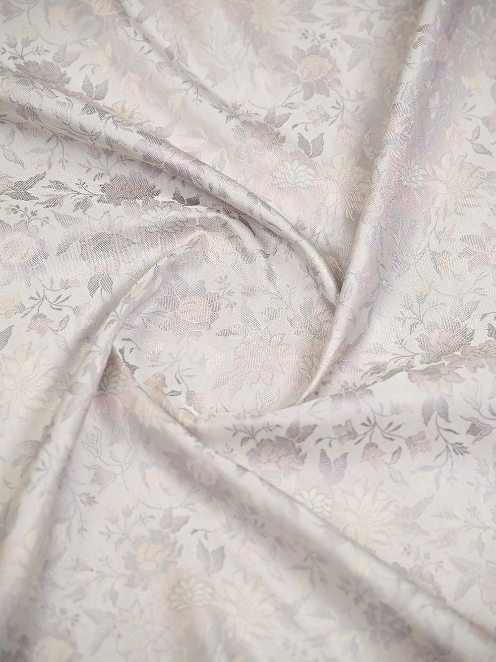 Light Grey Floral Tanchoi Silk Handloom Banarasi Saree - Sacred Weaves