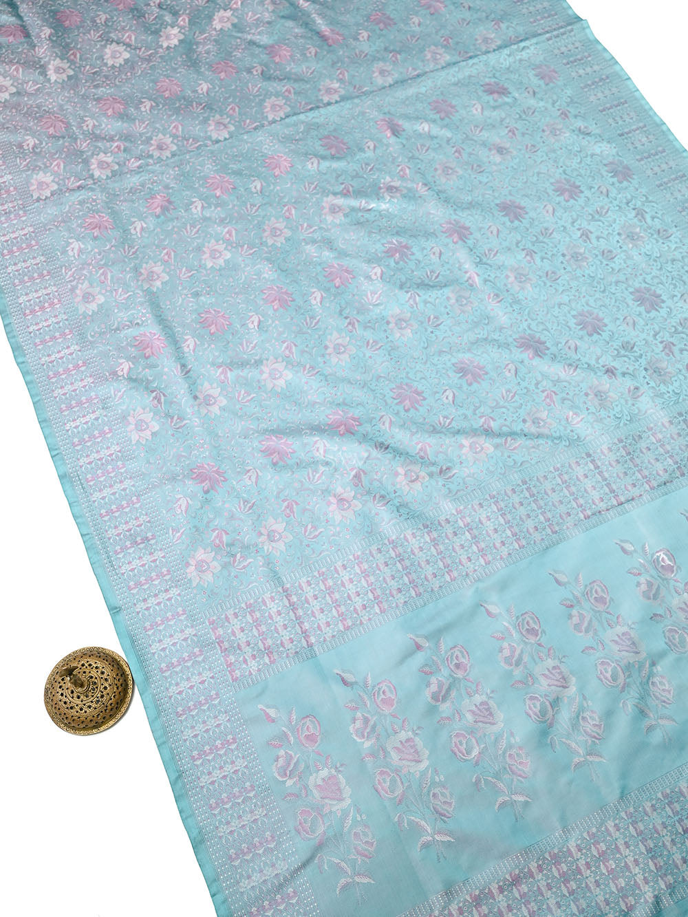 Light Aqua Blue Jaal Tanchoi Silk Handloom Banarasi Saree - Sacred Weaves