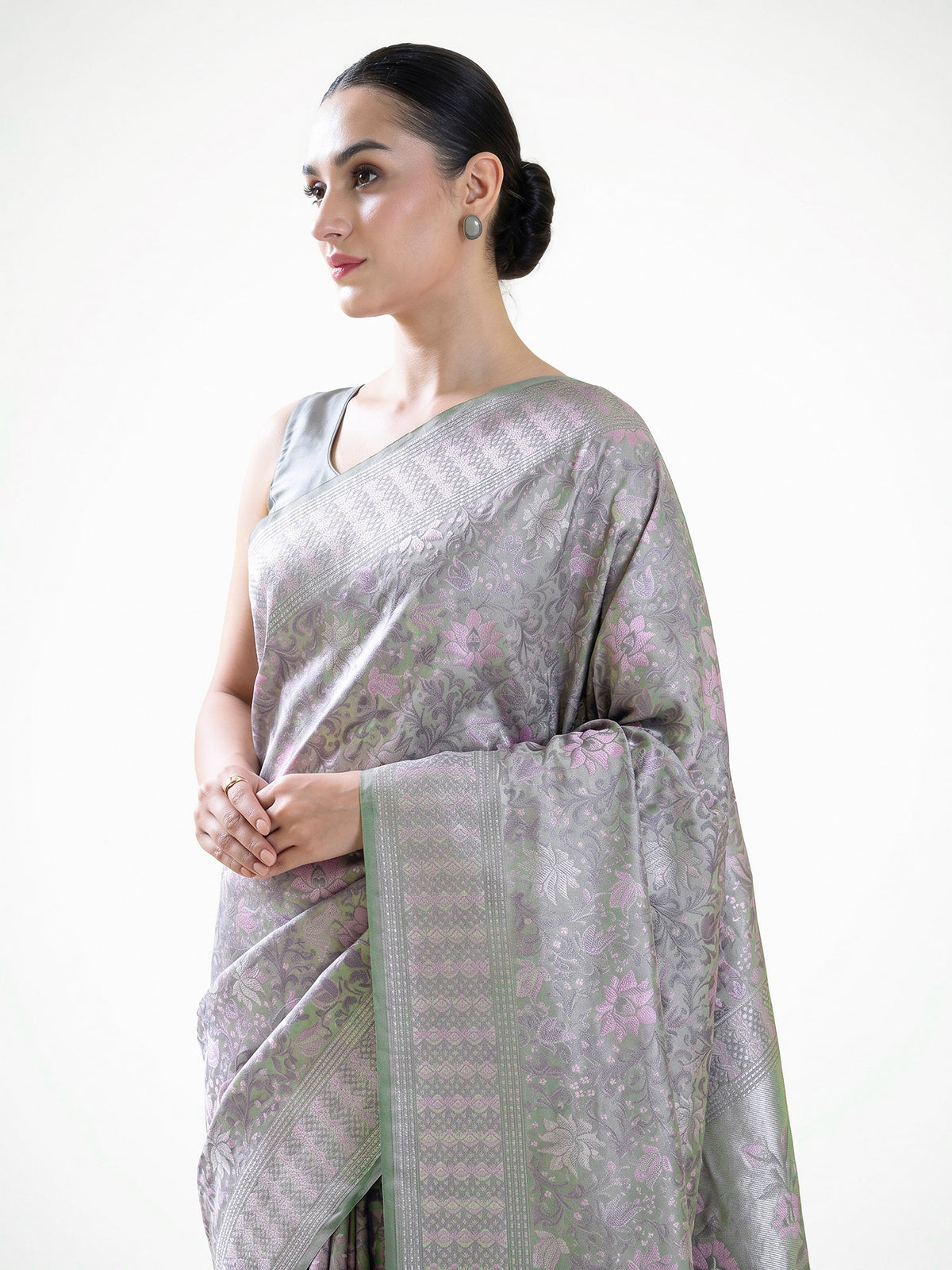 Pastel Mint Green Floral Tanchoi Silk Handloom Banarasi Saree - Sacred Weaves