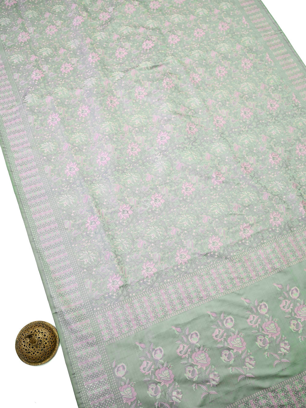 Pastel Mint Green Floral Tanchoi Silk Handloom Banarasi Saree - Sacred Weaves