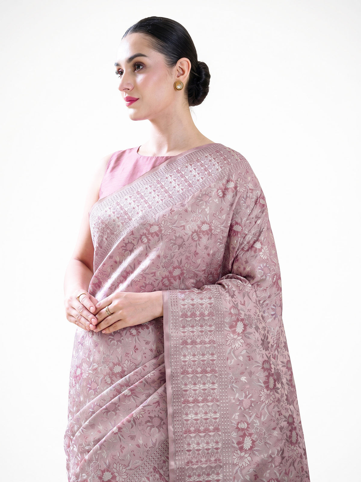 Pastel Onion Pink Floral Tanchoi Silk Handloom Banarasi Saree - Sacred Weaves