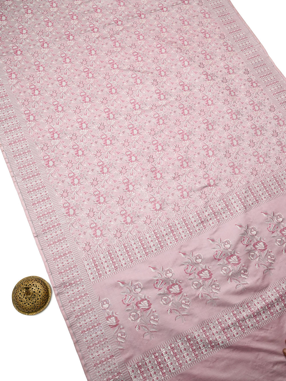 Pastel Onion Pink Floral Tanchoi Silk Handloom Banarasi Saree - Sacred Weaves